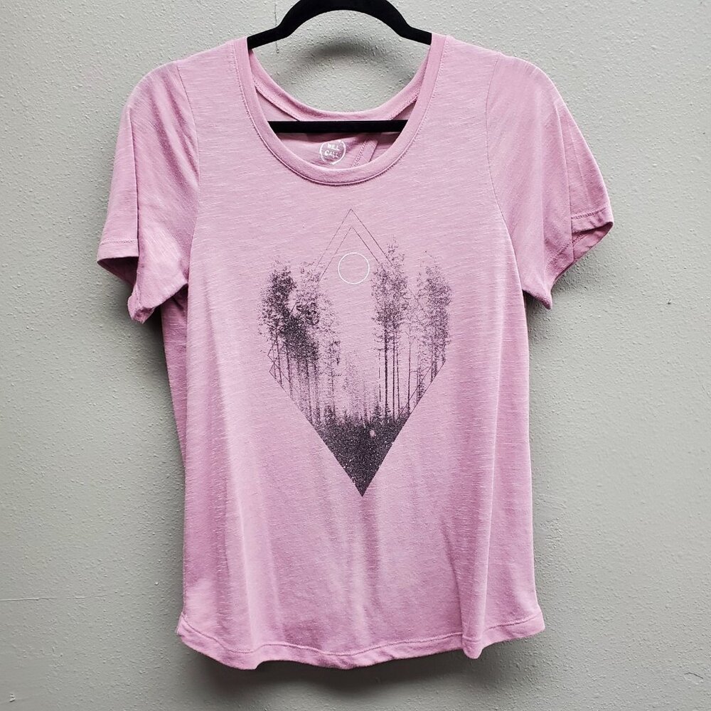Will Call Shirt Womens Medium Forest Graphic Twist Back Open Back Casual Tee